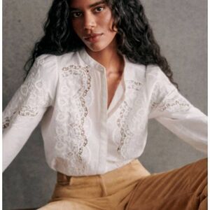 Sezane Honey Shirt Blouse Lace Long Sleeve In  Ecru/ Cream Sz 36 (US 4)